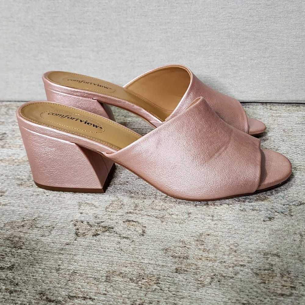 Comfortview Bailey Mule Sandals 9.5M Pink Open Toe Block Heels‎ Chunky Shimmer